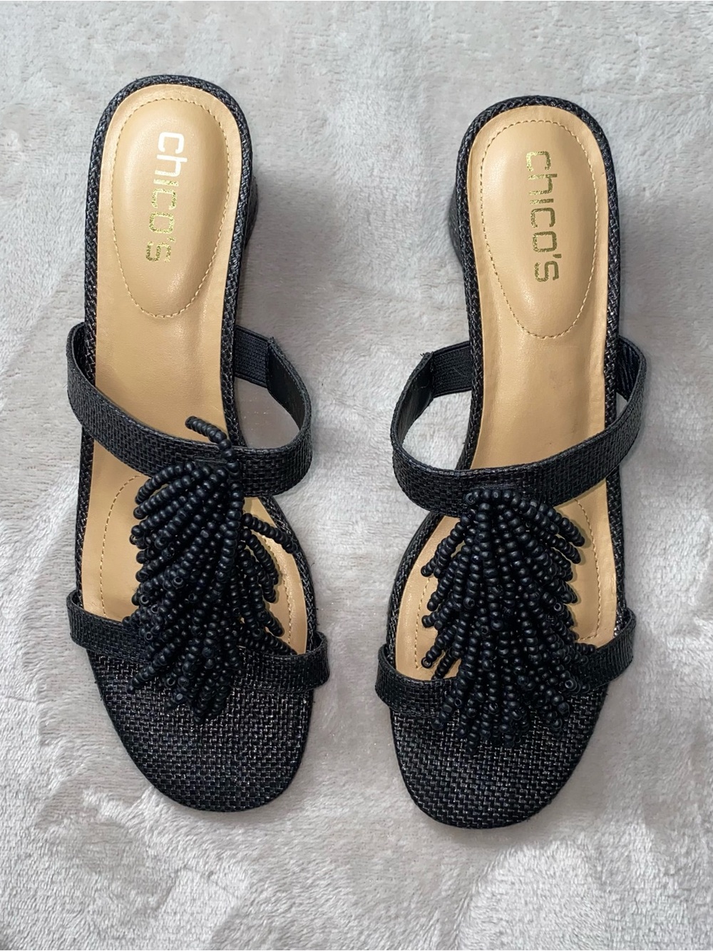 Chico's Fringe Beaded Black Sandals Size 9 1/2 NWOB